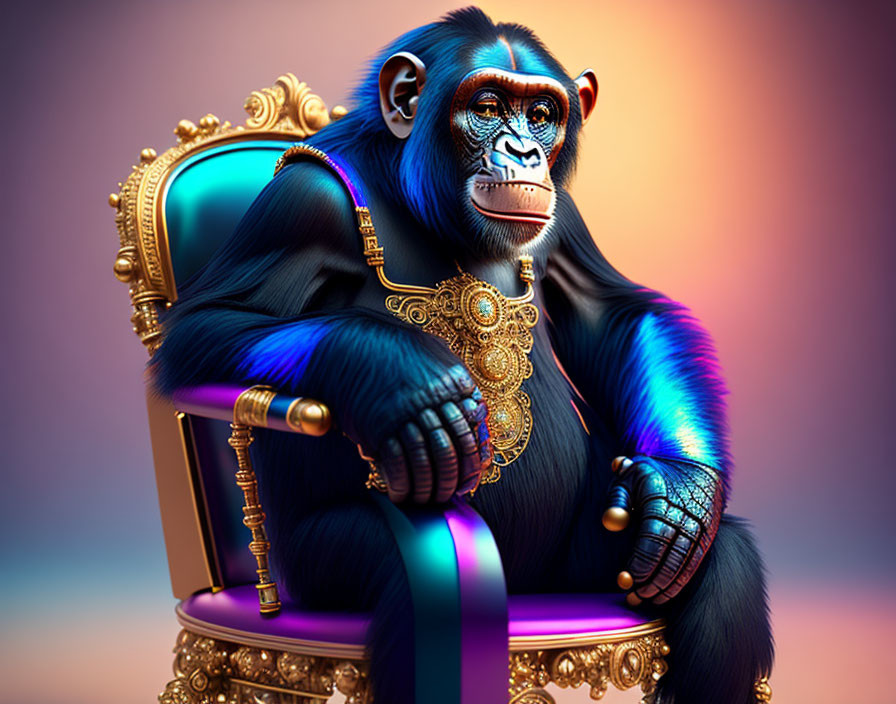 Majestic chimpanzee in royal attire on golden throne against gradient background