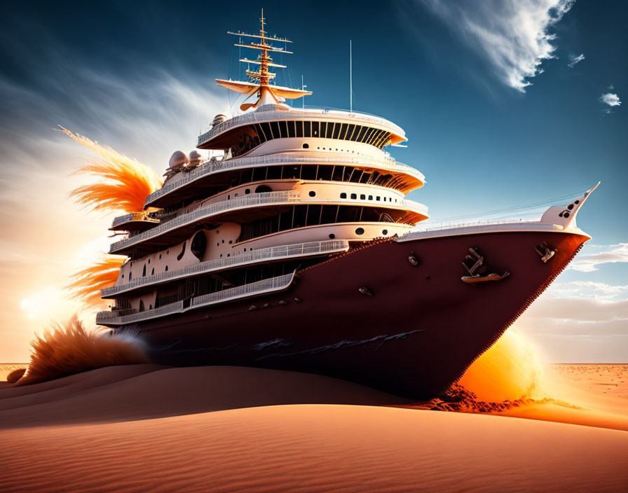 Luxurious yacht with multiple decks and golden accents on sandy desert under dramatic sky