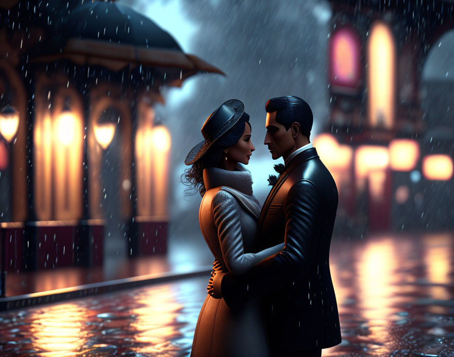 Romantic couple embracing in the rain at night by a street lamp