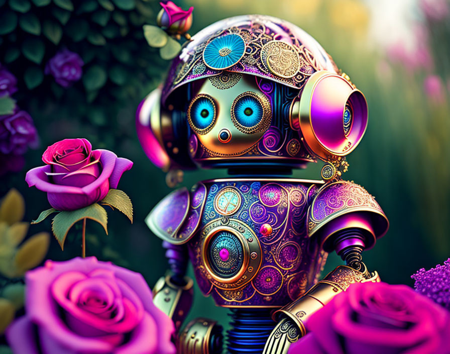 Colorful ornate robot with vibrant floral surroundings