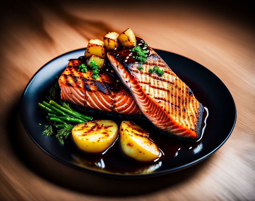 Grilled Salmon Fillet with Sear Marks and Herb-Seasoned Potatoes on Black Plate