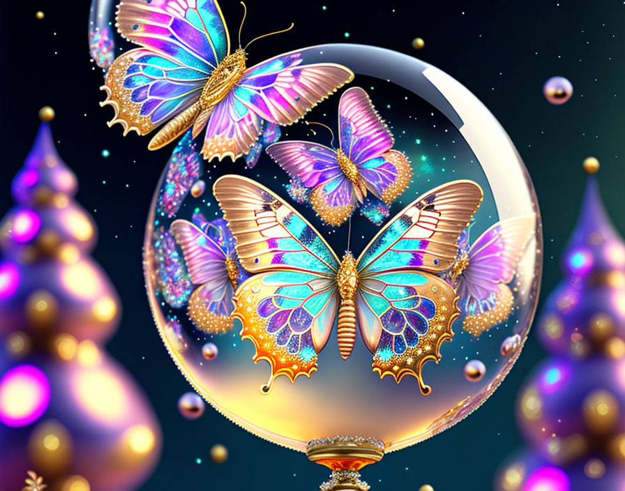 Colorful butterflies in transparent sphere with glowing edges, golden orbs, starry backdrop