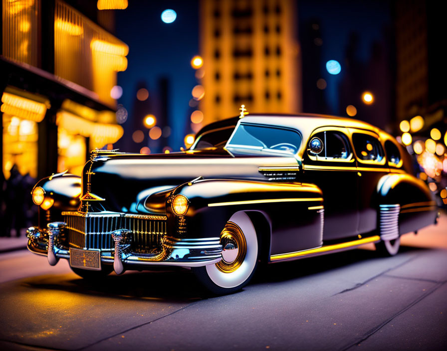 Vintage Black Car Parked on City Street at Night