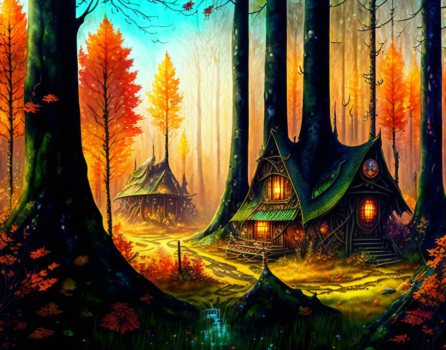 Whimsical houses in vibrant autumn forest