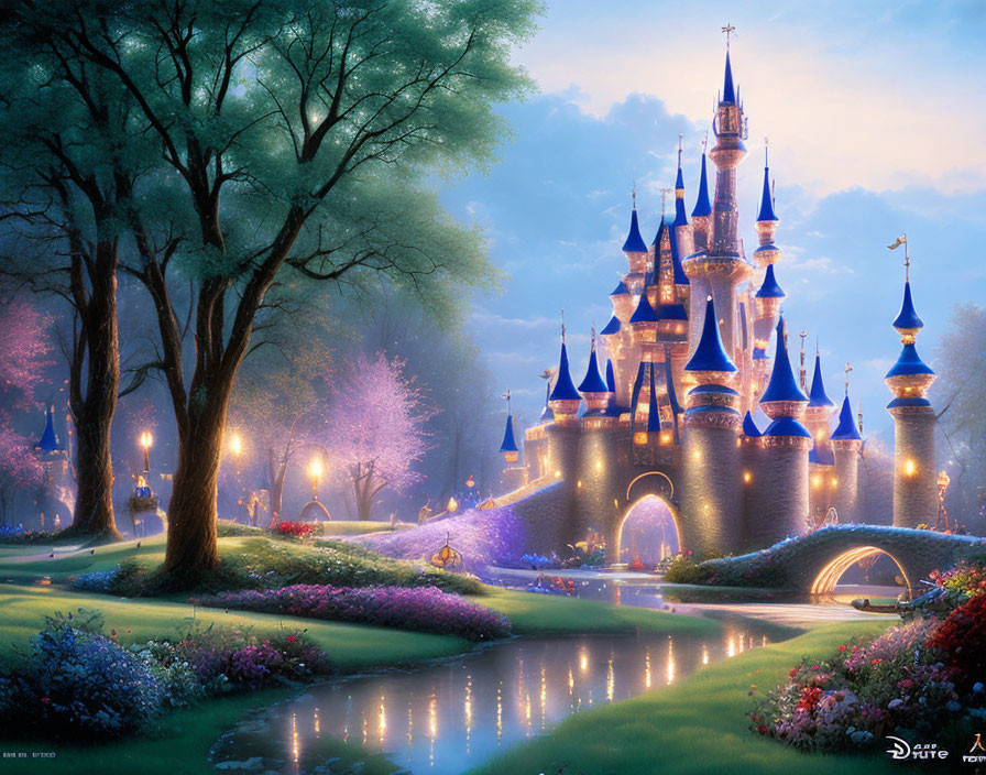 Fairytale castle illustration at twilight with gardens, river, and glowing lights