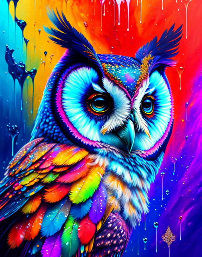 Colorful Rainbow Owl Illustration on Paint Splatter Background