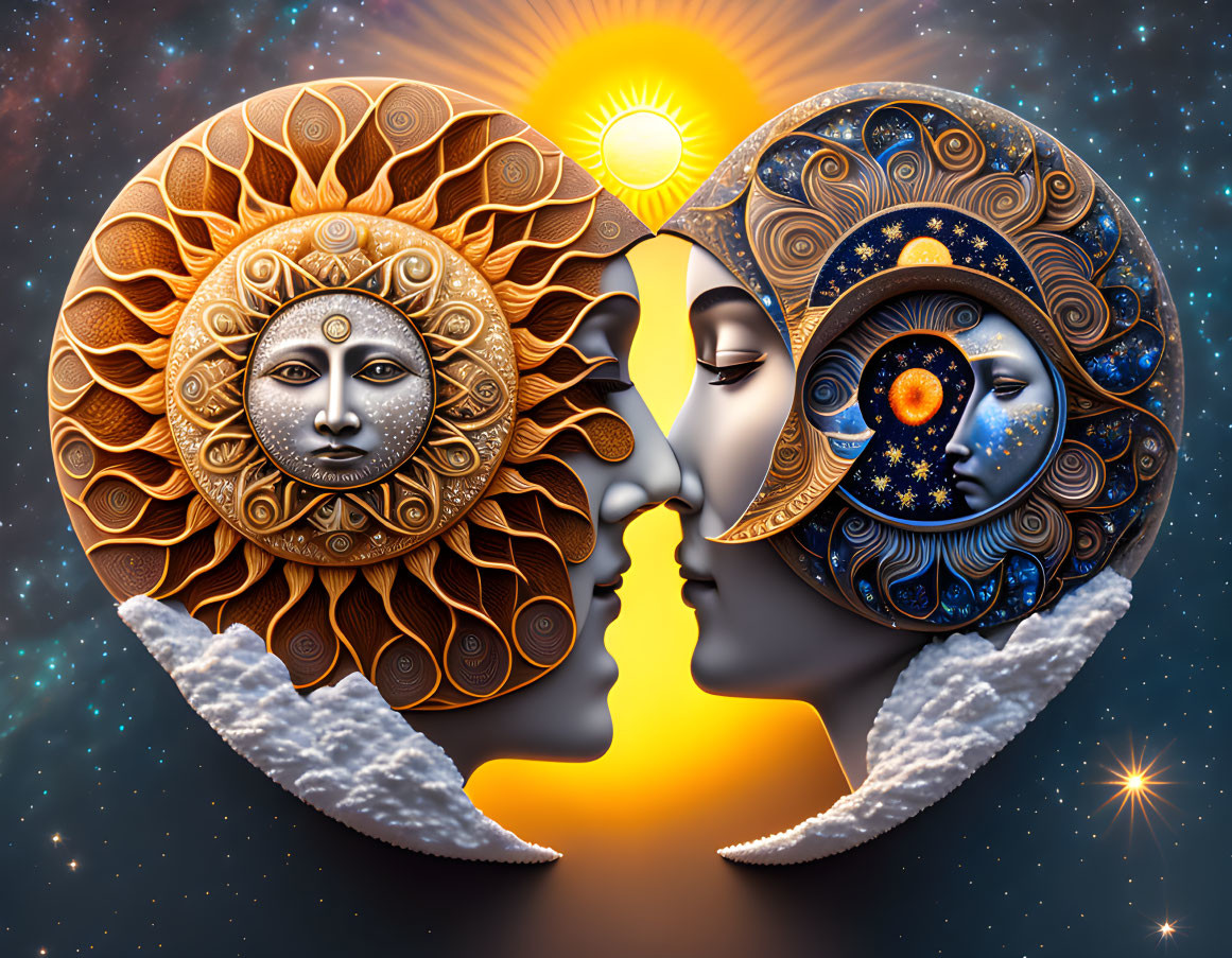 Illustration of sun and moon faces in yin-yang design on cosmic backdrop