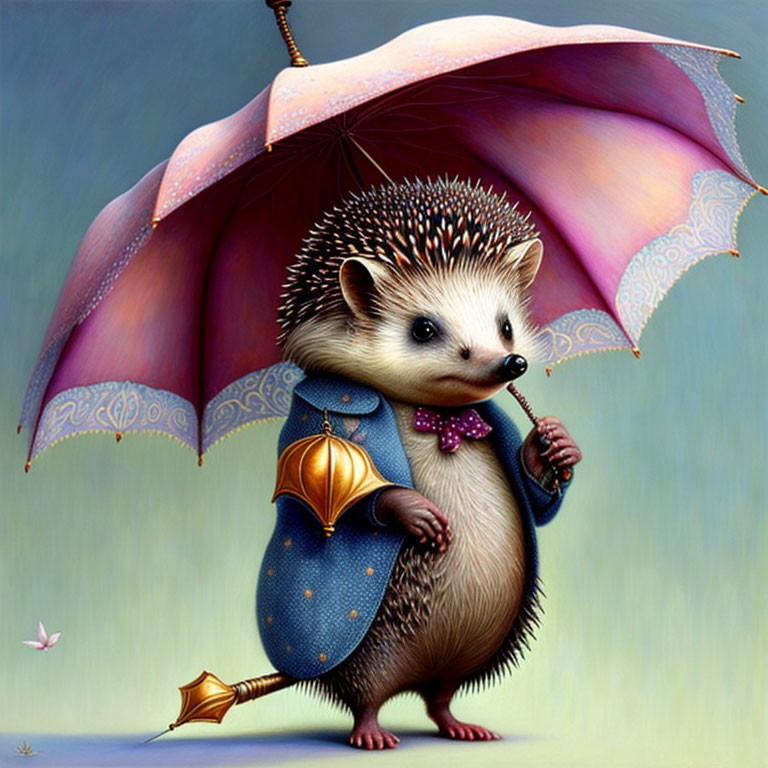 Anthropomorphic hedgehog in coat and bow tie with umbrella and walking stick, surrounded by butterflies