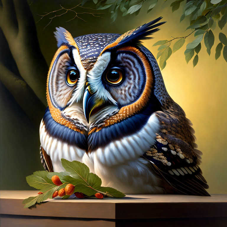 Detailed painting of owl on wooden beam with green leaves and red berries