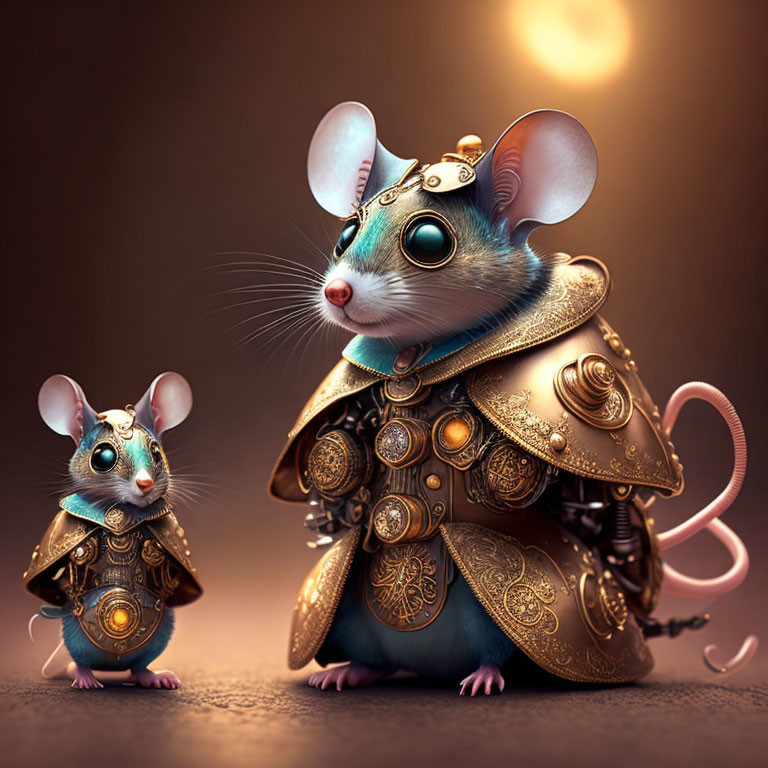 Anthropomorphic mice in ornate medieval knight armor - one in detailed golden garb, the other