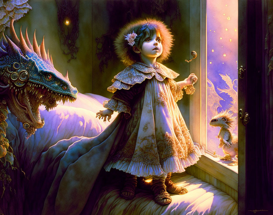 Young girl in vintage dress with daisy, holding key, facing large and small dragons by open door