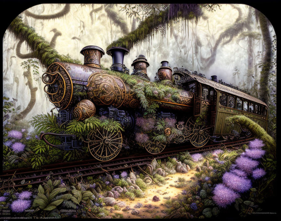 Fantasy steam locomotive in lush, mystical forest with purple flora
