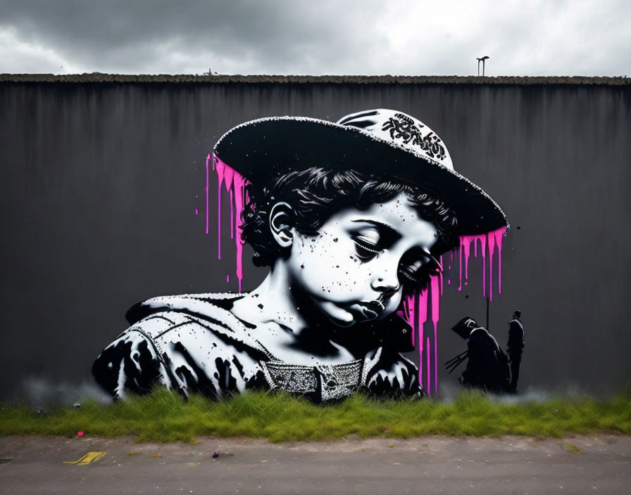 Monochrome graffiti of child with pink dripping paint on dark wall