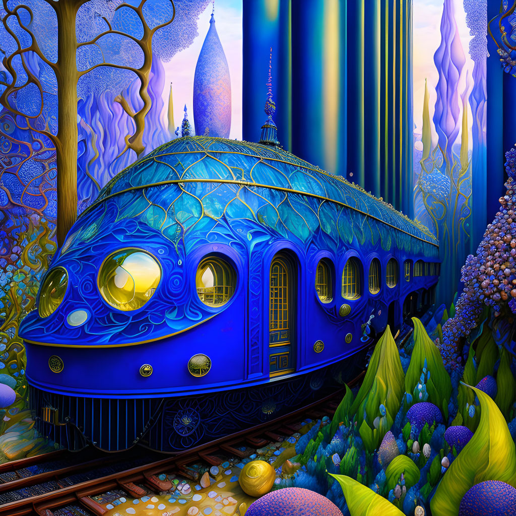 Colorful Illustration of Blue Train in Whimsical Landscape