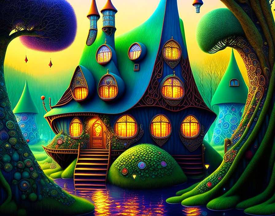 Colorful Fantasy Landscape with Stylized Houses and Glowing Lanterns