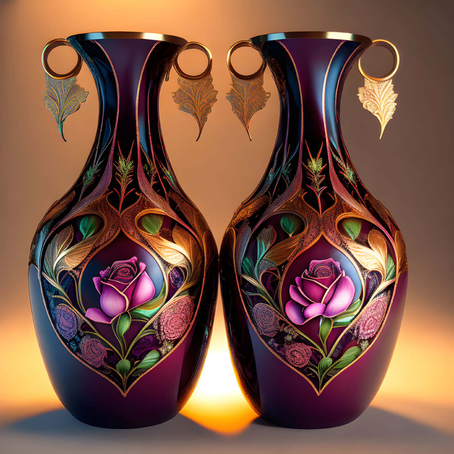 Ornate vases with gold accents and rose motifs on orange gradient background