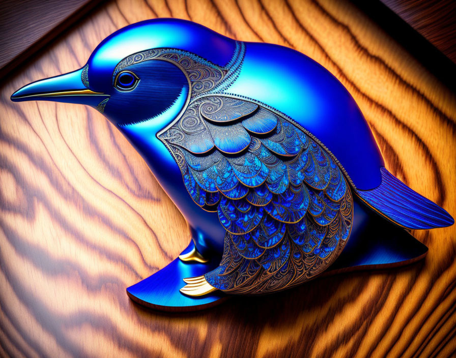 Vibrant Blue Ornamental Bird with Gold Patterns on Wood Surface