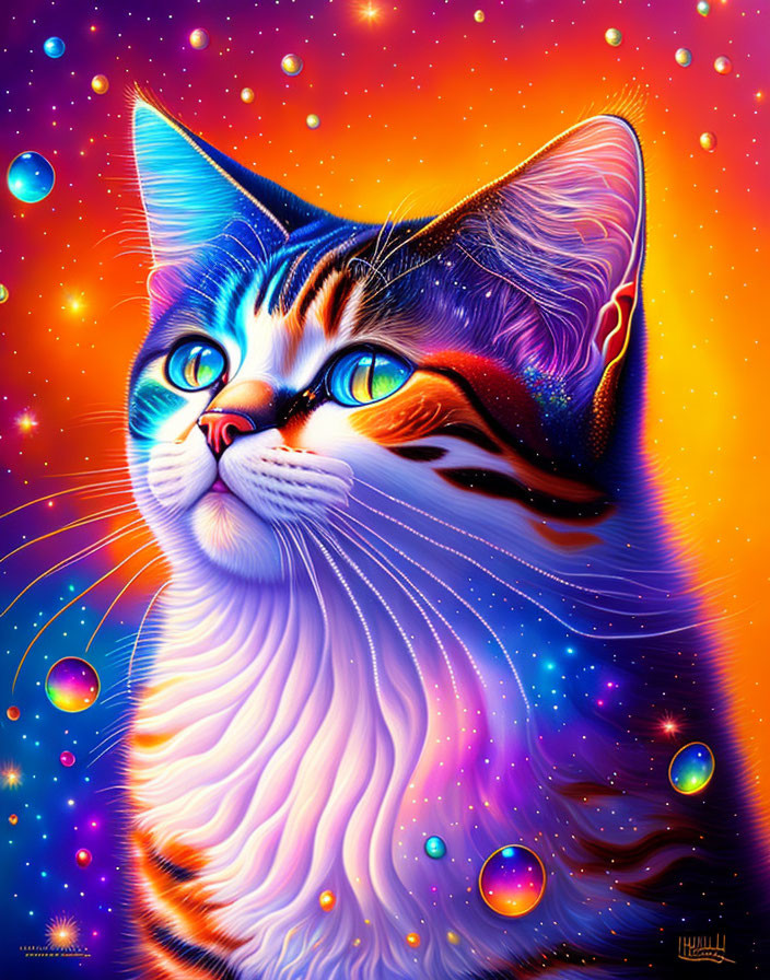 Colorful digital artwork: Cat on cosmic background with blue, purple, and orange hues, bubbles,