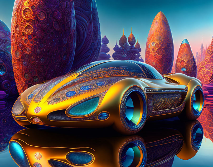 Futuristic Orange Car in Surreal Environment with Reflective Surfaces