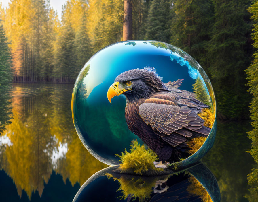 Eagle superimposed in reflective sphere with forest and lake landscape