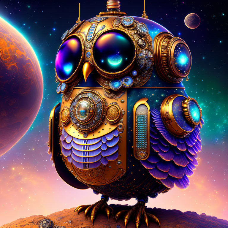 Steampunk-style owl with gears against cosmic backdrop