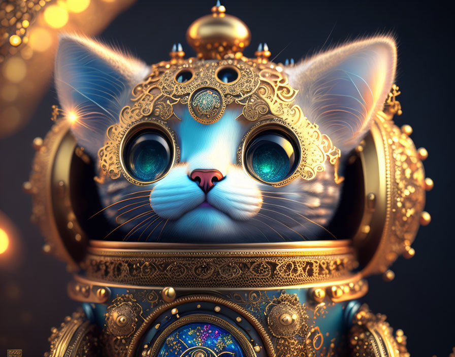 Fantastical cat digital artwork with glowing blue eyes and golden armor.