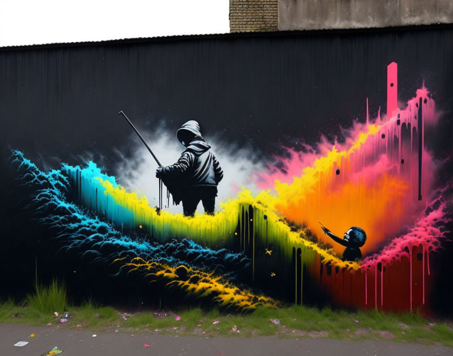 Colorful street art mural featuring person painting streaks on black wall