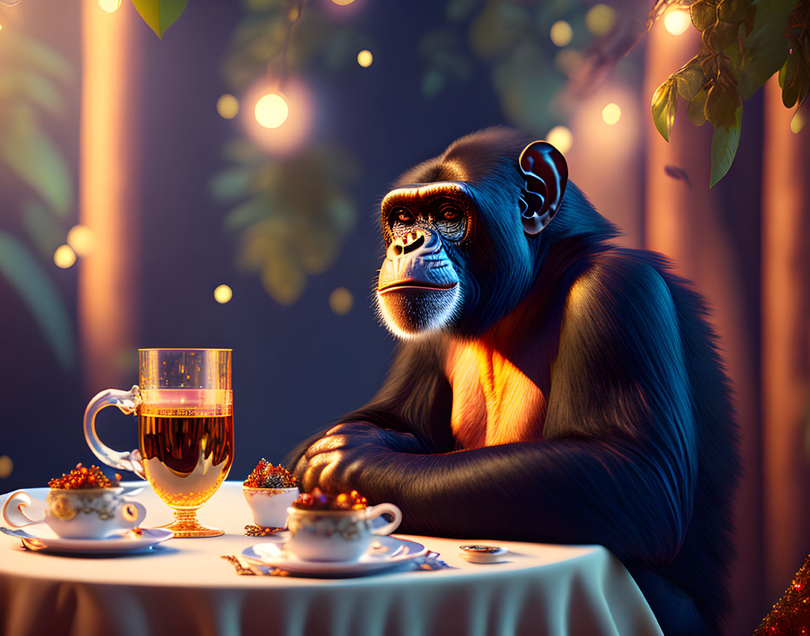 Chimpanzee sitting at table with tea and snacks in evening glow.