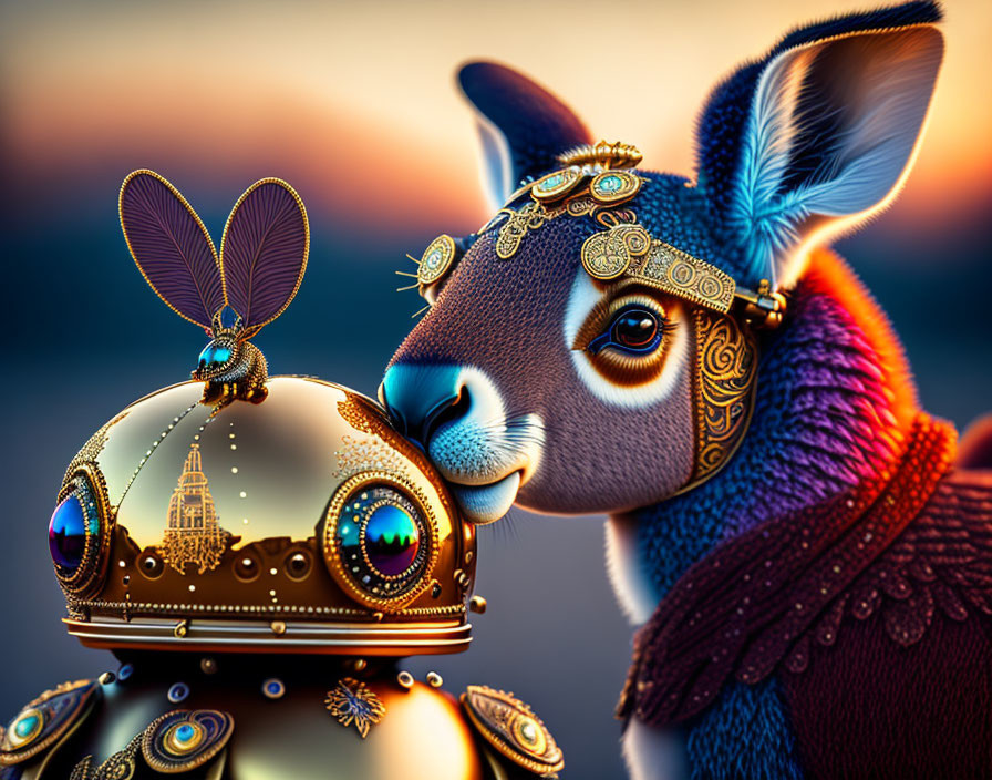 Fantastical image of adorned kangaroo with metallic orb and miniature city.