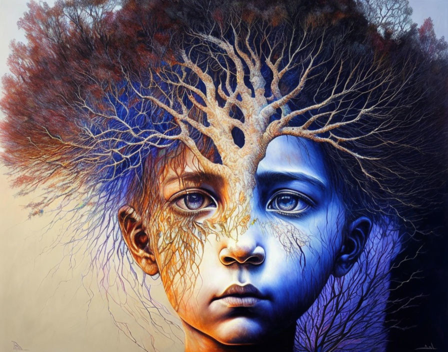 Colorful surreal portrait blending child's face with tree features