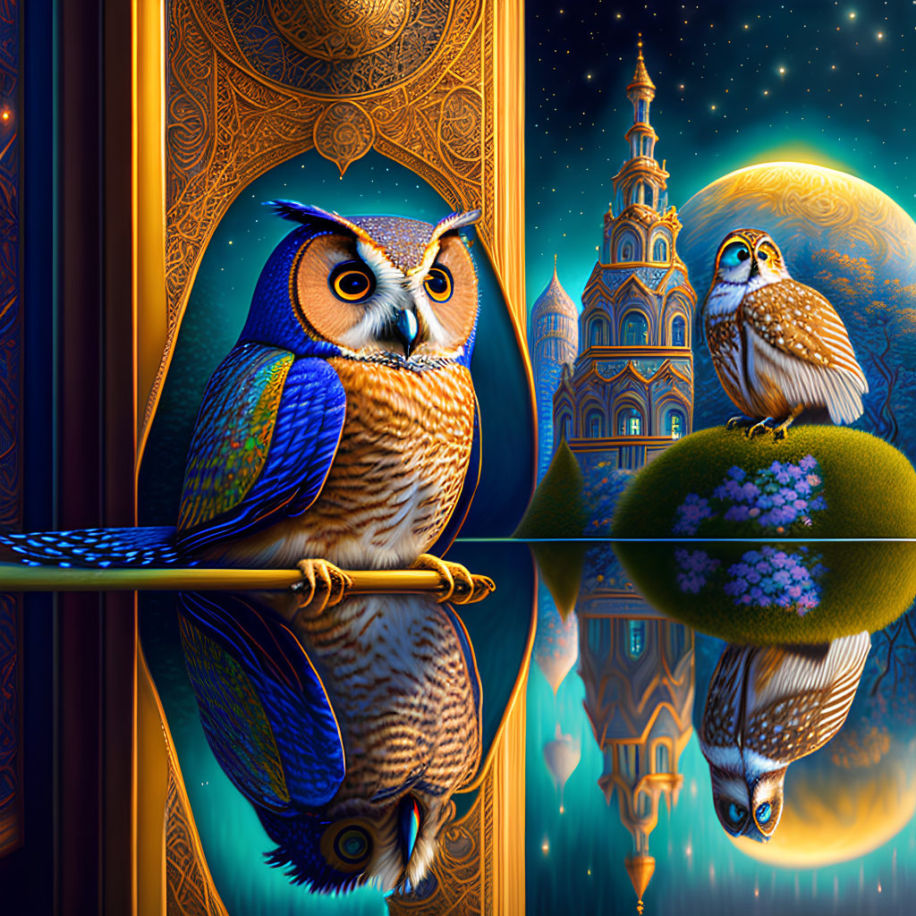 Vibrantly colored owls near ornate window with castle and starry sky reflected on water