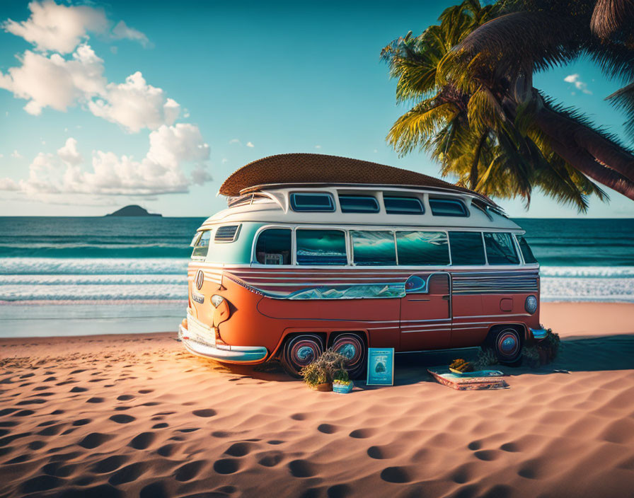 Vintage Van Beach Sunset Scene with Surfboard, Picnic Setup, and Palm Tree.