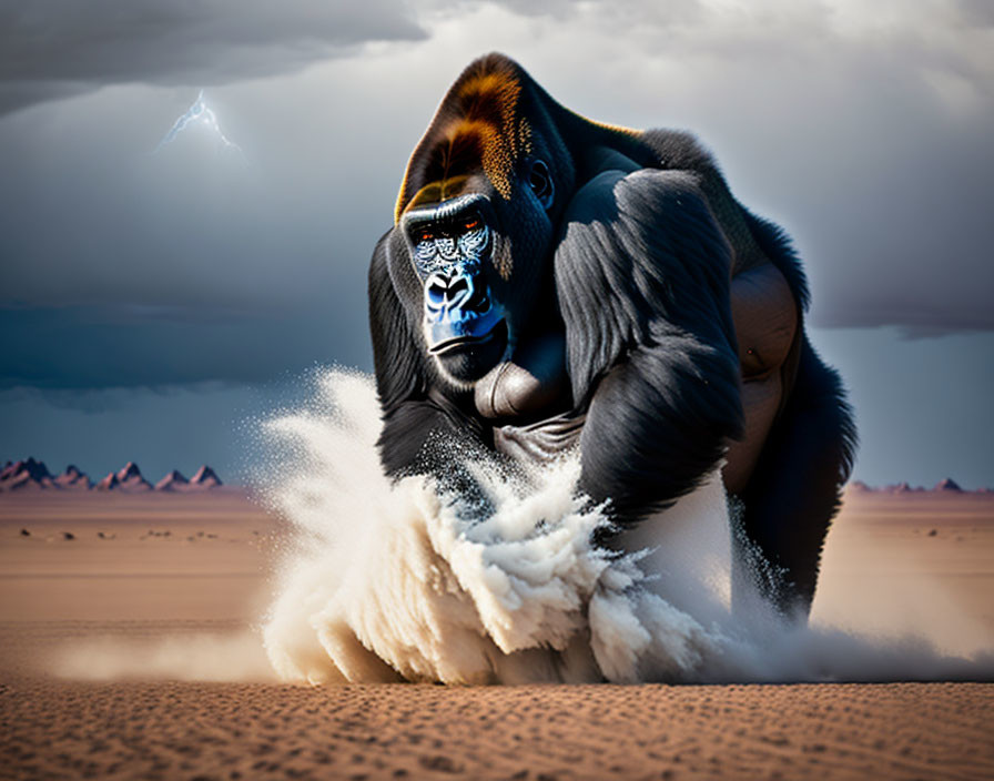 Gorilla with painted face causing dust explosion in stormy desert