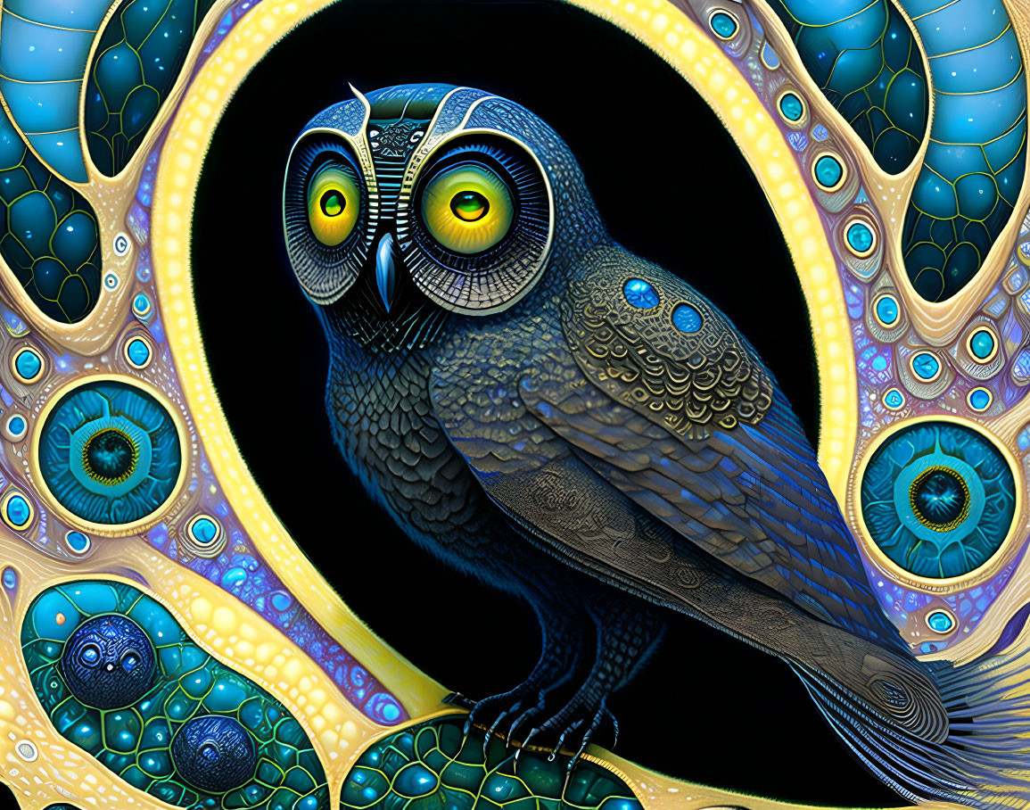Colorful Stylized Owl Artwork with Yellow Eyes and Intricate Patterns