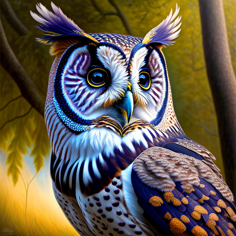 Colorful Owl Illustration with Detailed Feathers in Forest Setting