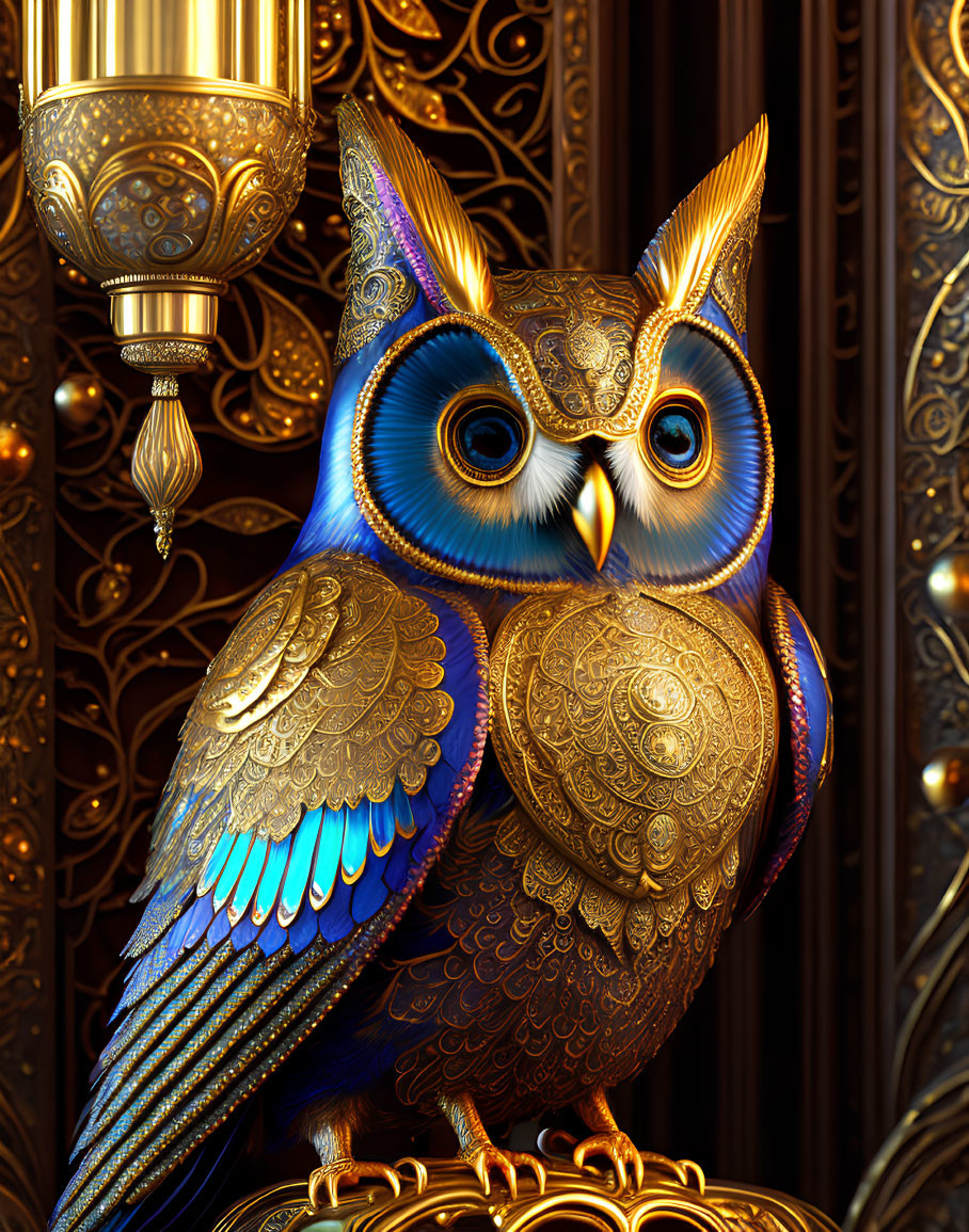 Intricate Blue and Gold Metallic Owl in Luxurious Environment