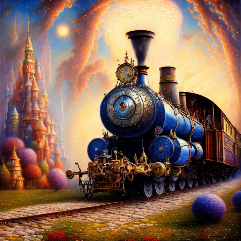 Fantastical vintage blue steam train on cobblestone track with purple trees and castle under starry