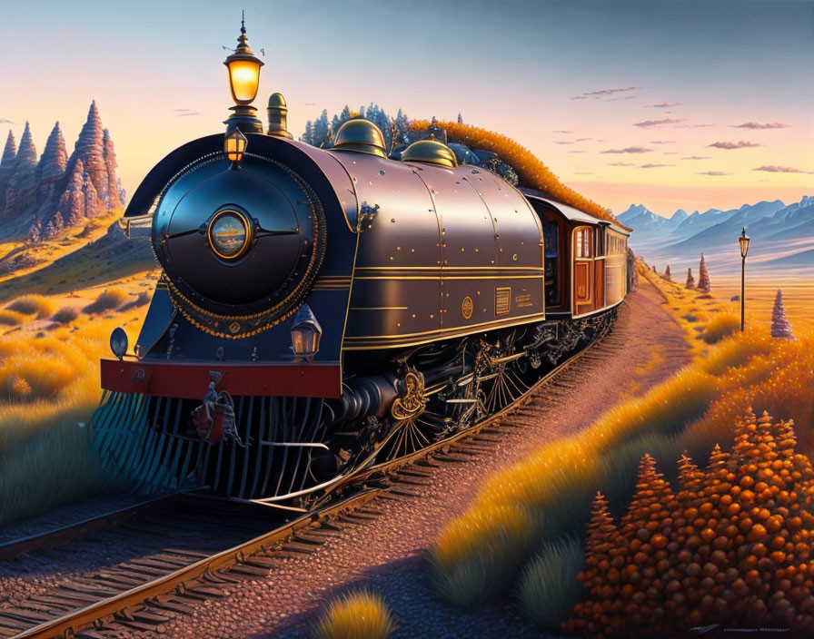 Golden vintage steam locomotive travels on tracks through picturesque landscape at dusk