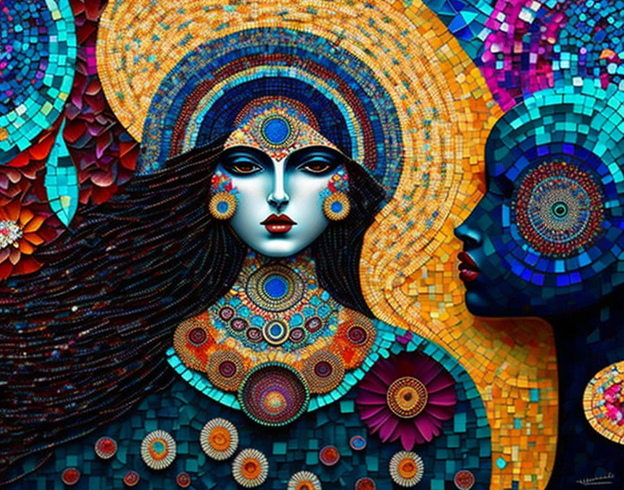 Colorful mosaic artwork featuring two stylized female figures in rich jewel tones