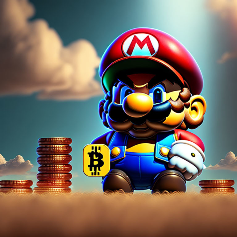 Super Mario themed illustration with Bitcoin symbol and coins in sky background