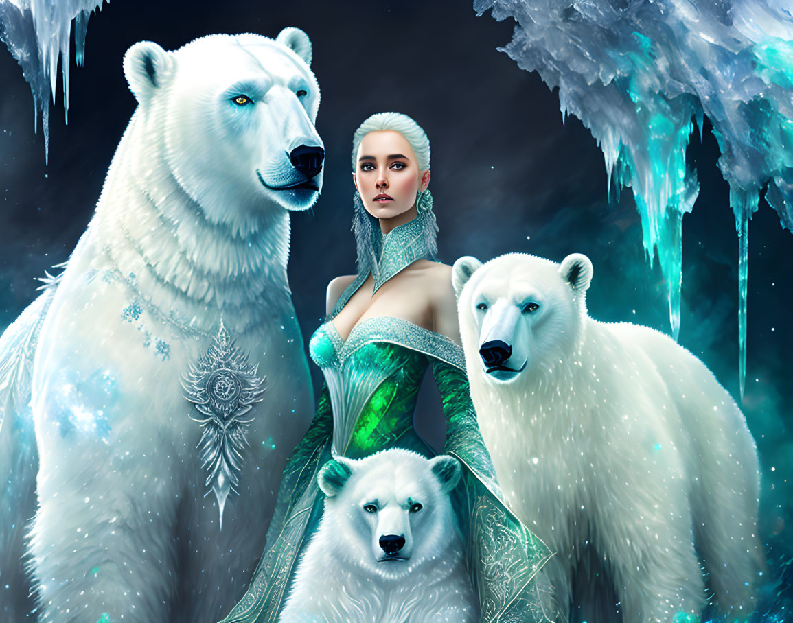 Woman in green ornate dress with three polar bears in icy backdrop