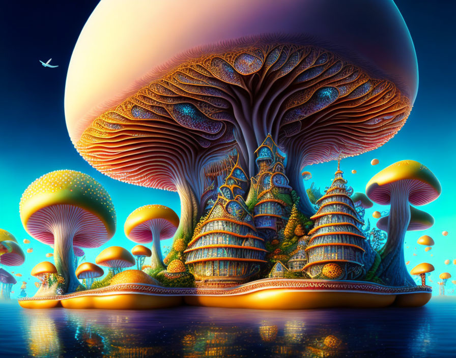 Fantasy landscape with colossal mushroom-like structures at twilight