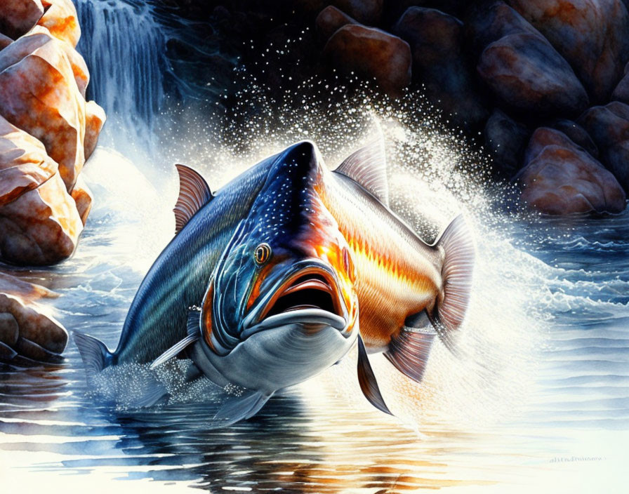 Dynamic Fish Leaping from Rippling Water Illustration