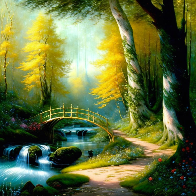 Tranquil forest stream with bridge, sunlight, and vibrant path