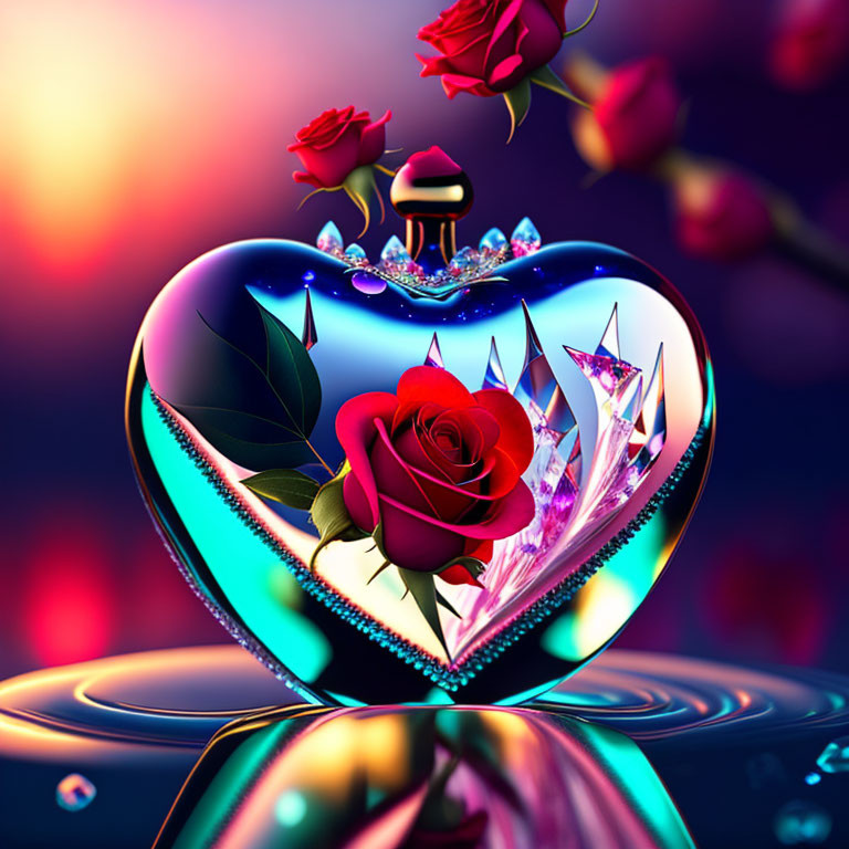 Colorful Digital Art: Heart Shape with Rose, Crystals, and Water Droplets