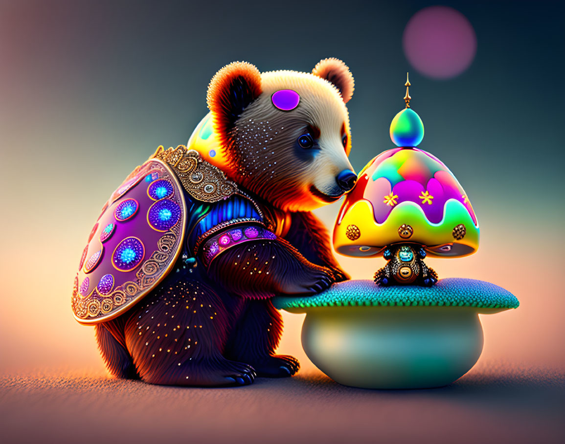 Colorful Shell Bear and Mushroom Illustration