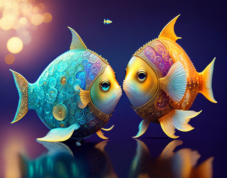 Colorful Cartoon Fish Encounter on Blue Bokeh Background