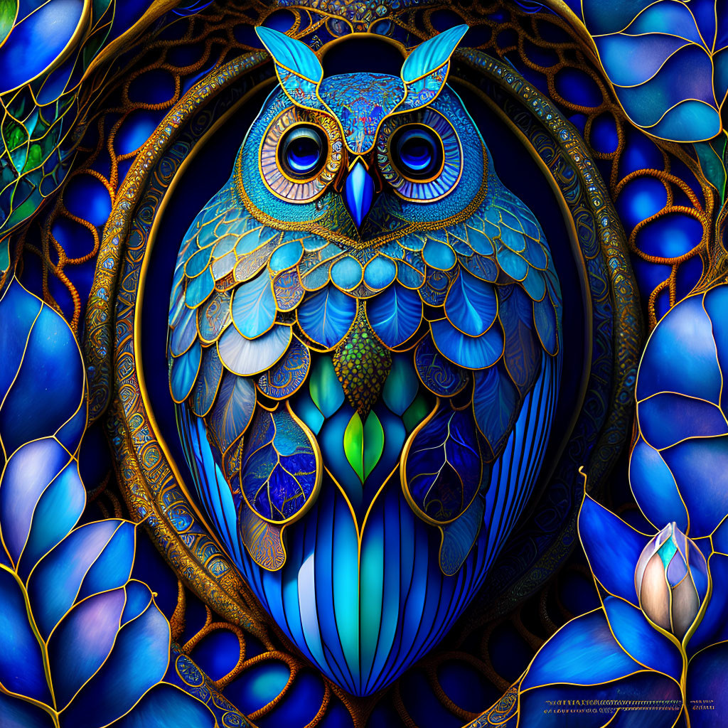 Colorful Digital Art: Stylized Blue Owl with Ornate Leaves and Lotus