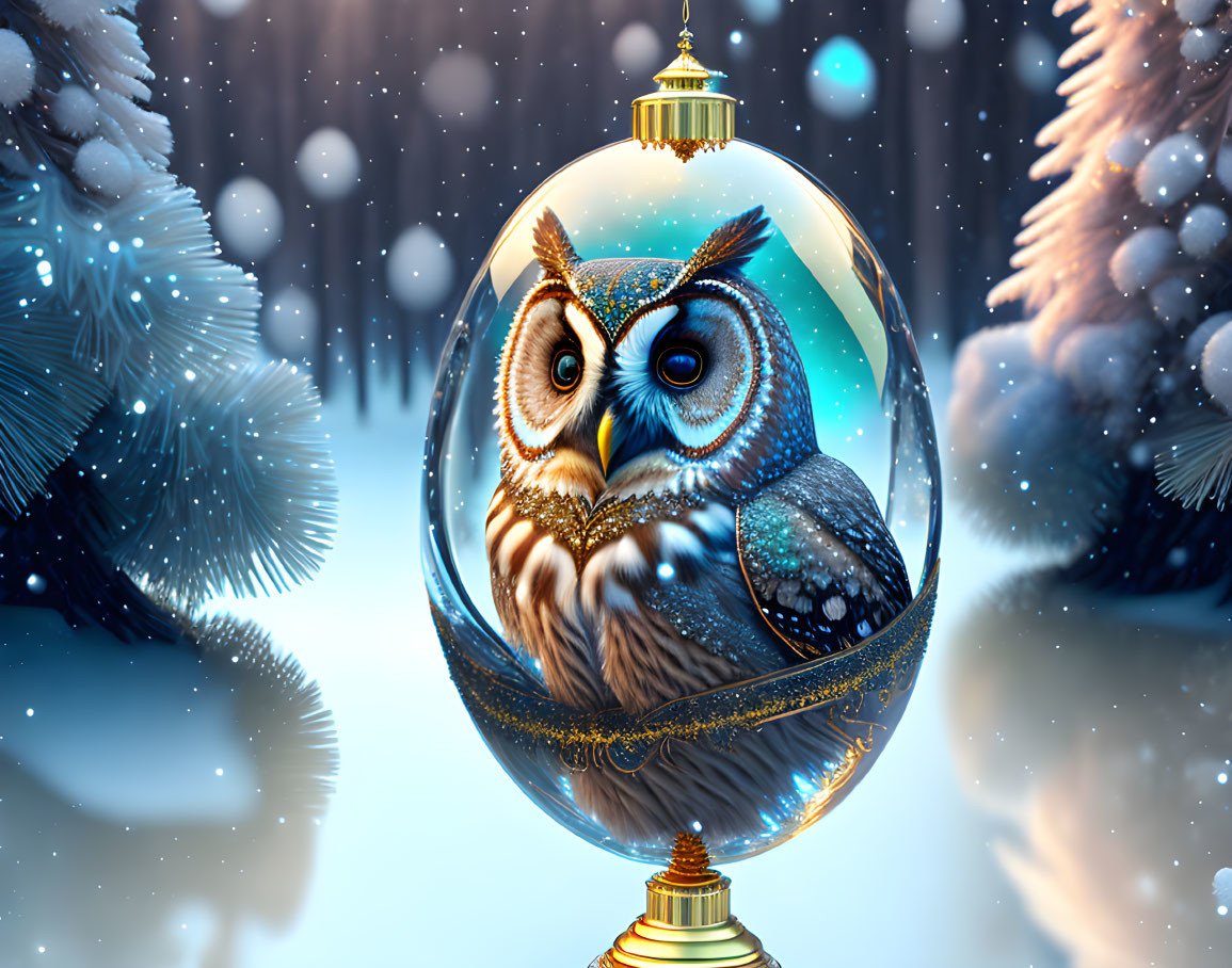 Illustration of owl in glass orb in snowy winter scene