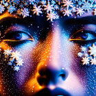 Close-up of face with glowing snowflake patterns in vibrant blue tone